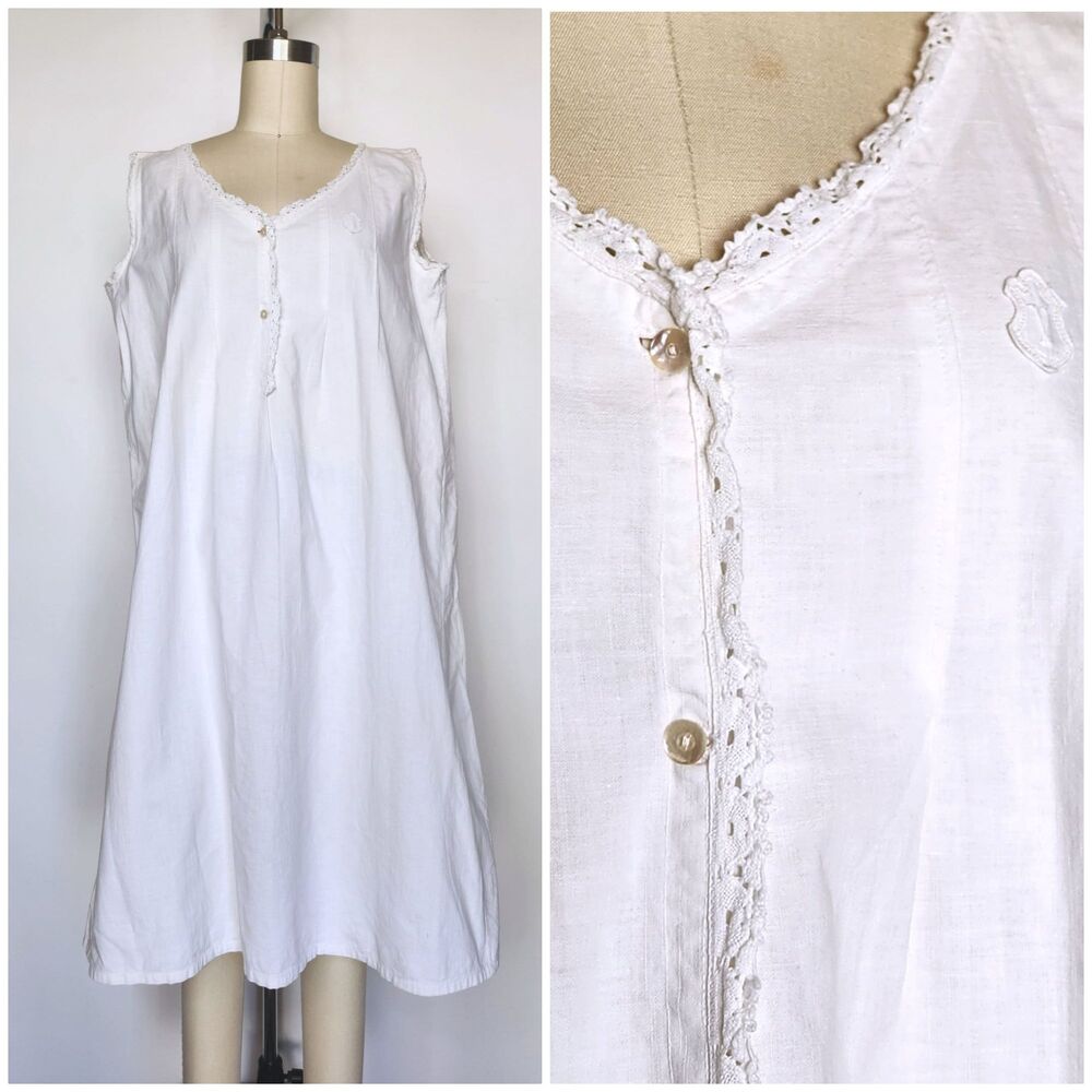 Antique 1900s Night Gown Edwardian Victorian Embroidered Night Dress Italy  L XL